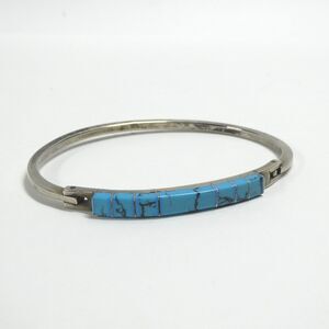 Sterling Silver & Turquoise Inlaid Hinged Bangle Bracelet Vintage